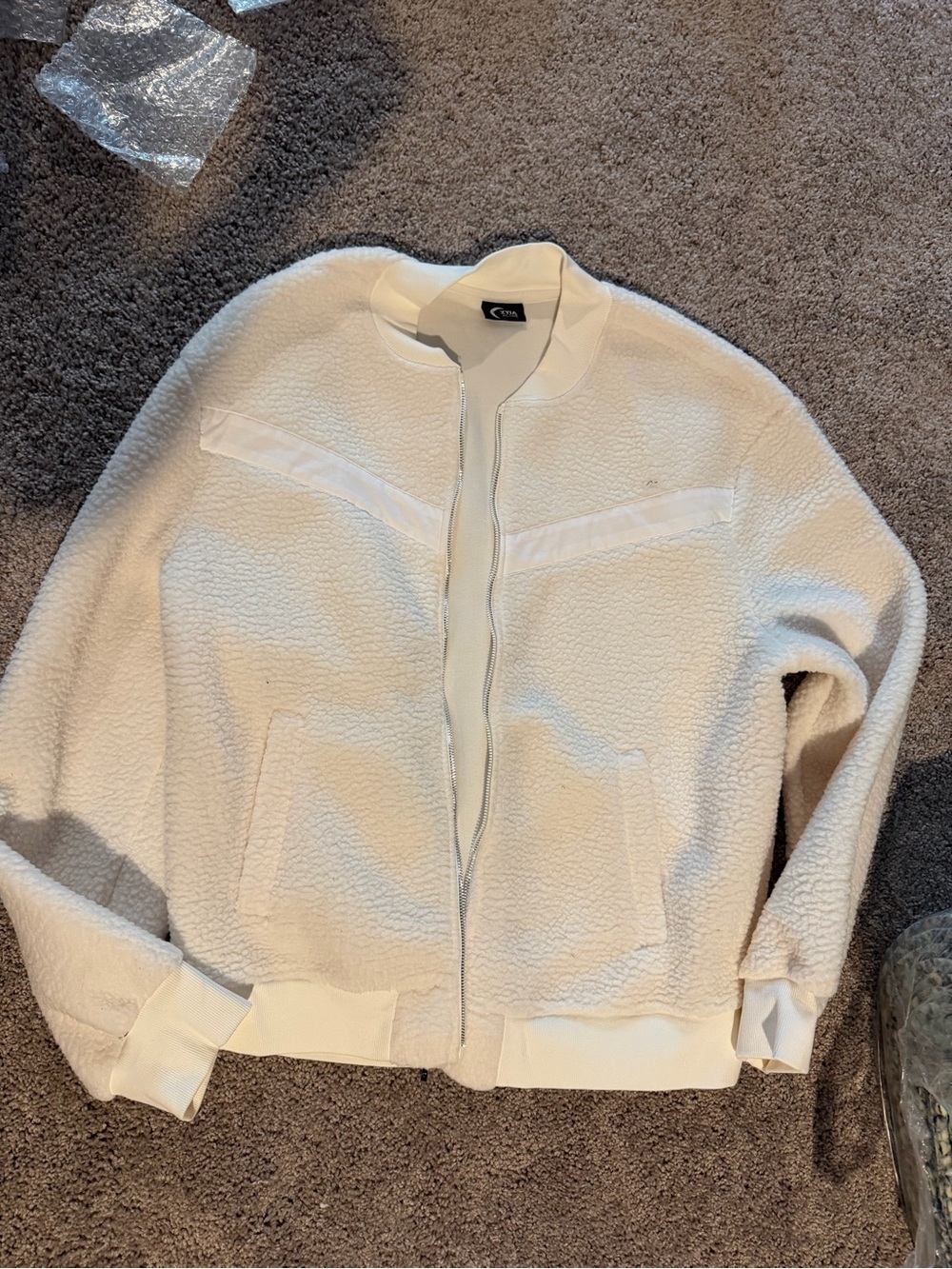 Zyia Cream Sherpa Zip-Up Bomber Jacket